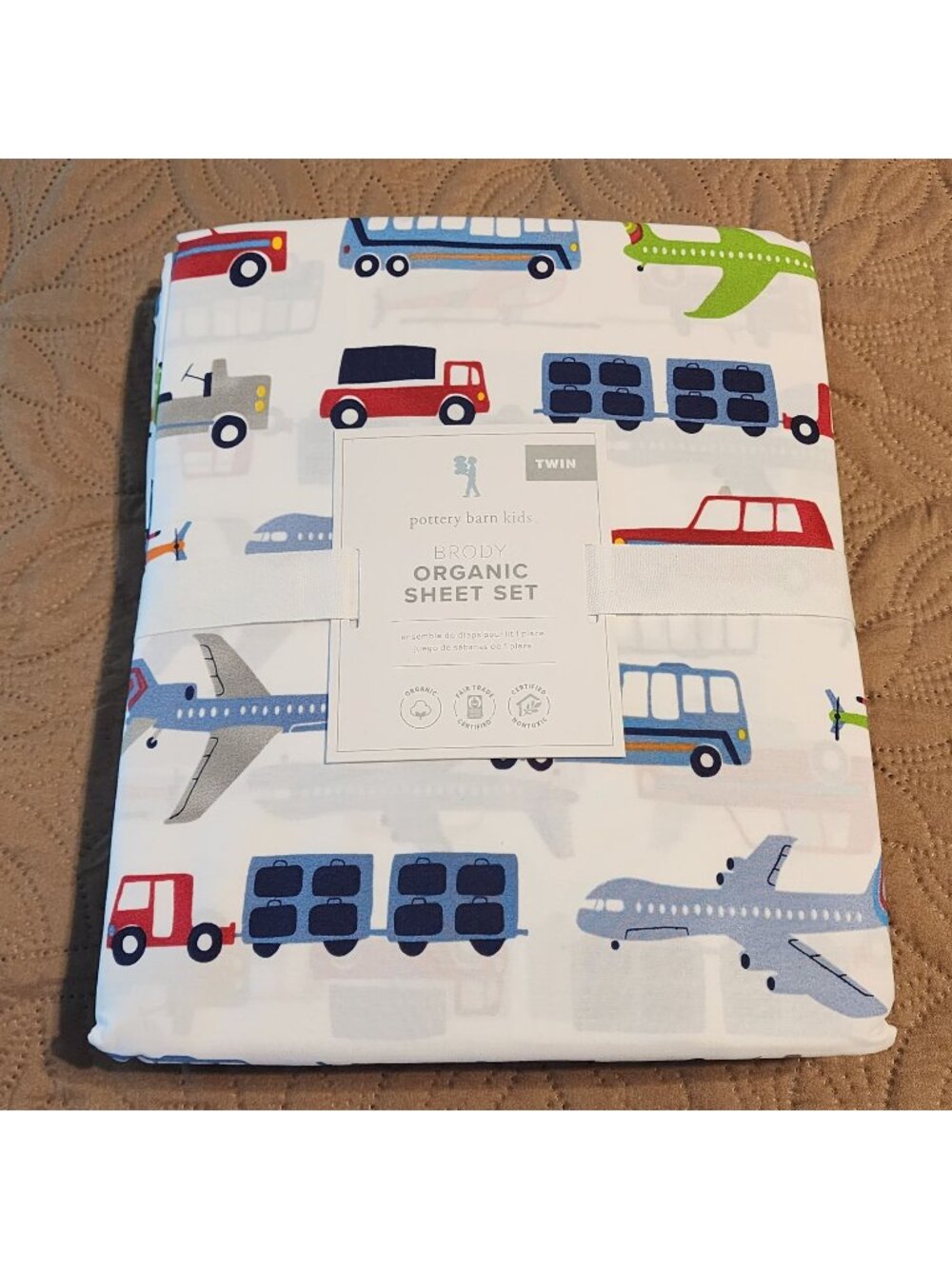 Pottery Barn Kids Brody Airplanes Cars Trucks Twin Sheet Set Transportation NEW